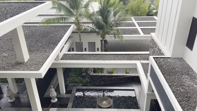 The suite building rooftops and courtyards from the third floor