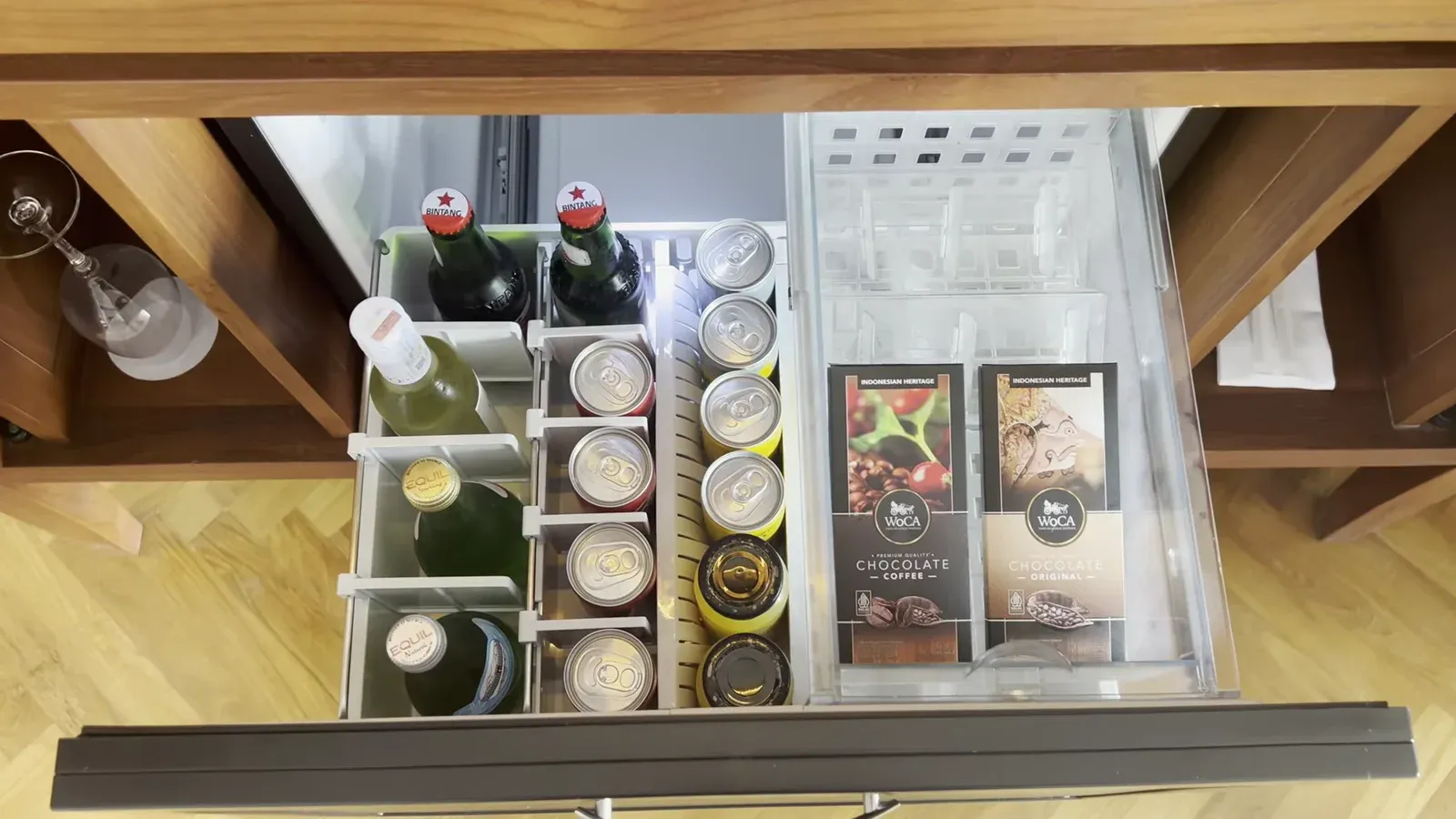 The top-opening minibar drawer in the suite at The Sira Lombok