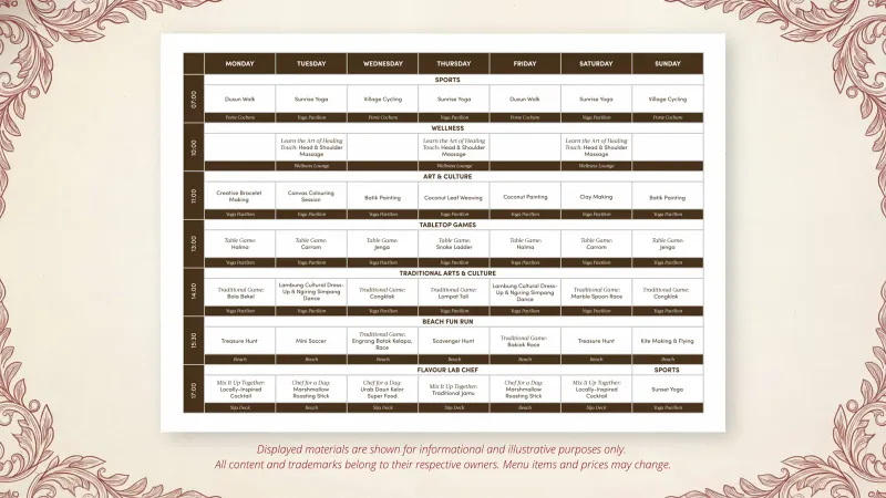 The weekly activities schedule